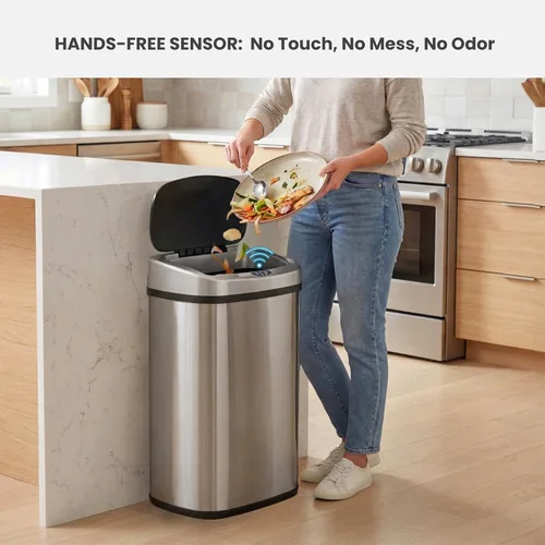 Miniatura 2 de iTouchless Bote de basura con sensor ovalado de 13 galones con adaptador de CA y filtro de olor, contenedor de cocina automático de 50 L, acero