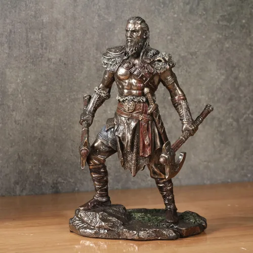 Miniatura 2 de Veronese Design 6 1/4 pulgadas vikingo gemelo hachas guerrero escultura masculina resina escultura acabado de bronce fundido en frío
