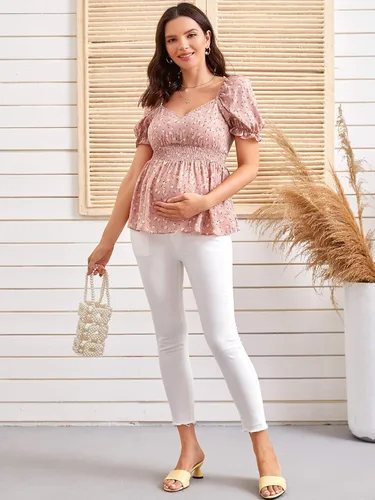 Miniatura 6 de OYOANGLE Women's Maternity Floral Print Blouse Short Sleeve Ruffle Hem Peplum Tops