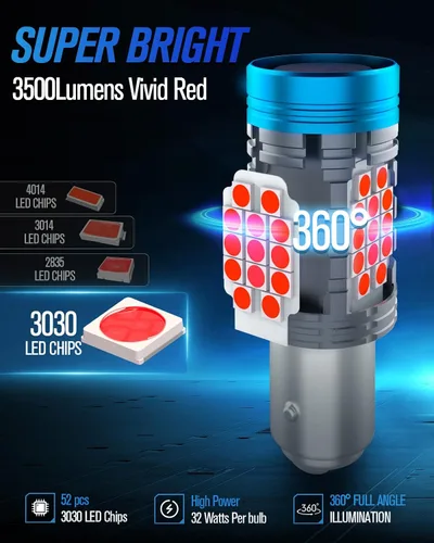 Miniatura 3 de CANBUS 1157 Bombilla LED roja con resistencia integrada para luz de freno 2357 bombillas LED traseras sin errores, bombilla LED 2057 7528 BAY15D