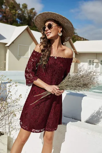 Miniatura 3 de OURS Mini vestido suelto de encaje con hombros descubiertos y manga de 34 para mujer