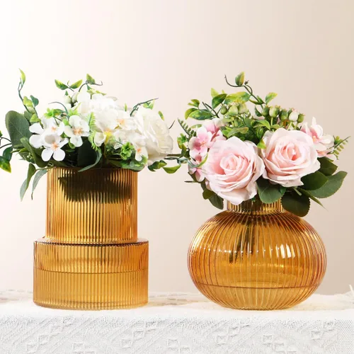 Miniatura 80 de Jarrón redondo de cristal, floreros para ramo, jarrones de vidrio acanalado para flores, pequeño jarrón transparente para sala de estar, oficina