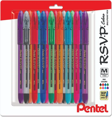 Pentel Rsvp - Bolígrafos de punta media, 0.039 in, 8 colores surtidos con agarre de goma sin látex para una escritura cómoda, paquete de 16 unidades