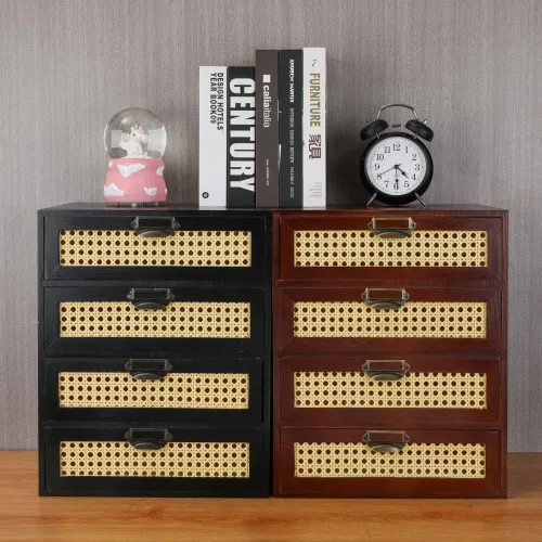 Miniatura 7 de GoooodGift Caja de almacenamiento grande de madera con cajones (gabinete boboticario, marco de ratán, marrón)