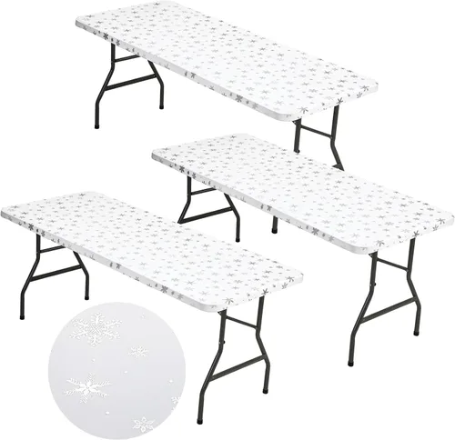 Miniatura 10 de Mixweer 1 Pza Mantel de Copo de Nieve Borde Elástico Ajuste Ceñido Rectangular Cubierta de Mesa Plegable 6 Pies, 30 x 72'' Tela de Poliéster