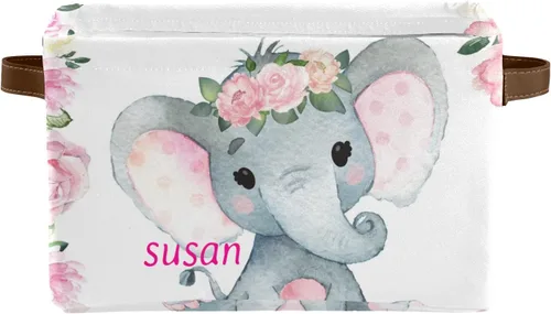 Miniatura 7 de Cesta de almacenamiento personalizada con diseño de elefante y flores rosas con nombre, caja de almacenamiento grande con asas para el hogar