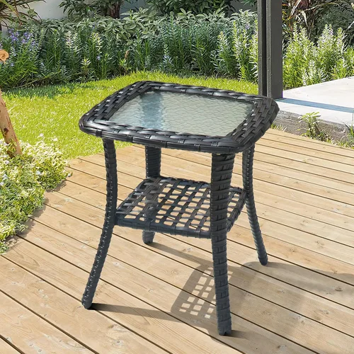 Miniatura 9 de ovios Mesa auxiliar al aire libre con parte superior de vidrio templado, mesas de centro de mimbre para patio con 2 niveles de almacenamiento