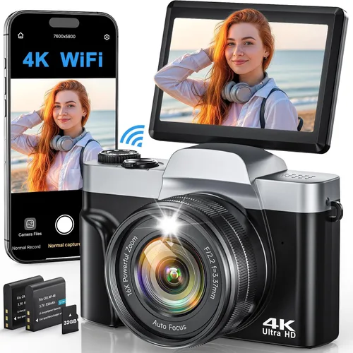 Cámara digital 4K para fotografía, WiFi de 64 megapíxeles con enfoque automático para videoblogs en YouTube, pantalla giratoria de 3" y 180°, zoom