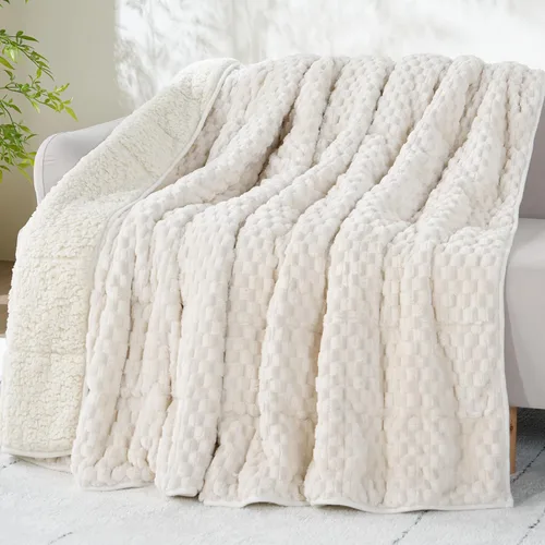 Miniatura 26 de Manta con peso de 15 libras, tamaño twin, manta con peso de sherpa a cuadros 3D de jacquard suave y elegante para adultos, manta de cama acogedora