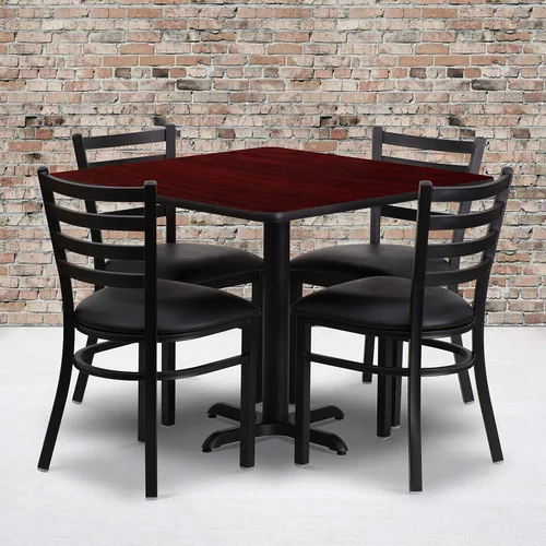 Miniatura 2 de Flash Furniture Juego de mesa cuadrada de laminado de caoba de 36 pulgadas con base en X y 4 sillas de metal con respaldo de escalera, asiento