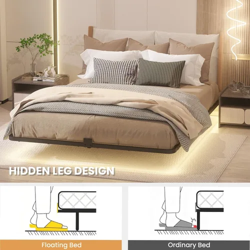 Miniatura 4 de Marco de cama flotante de tamaño completo con luces LED inteligentes, marco de cama flotante de plataforma de metal resistente, no necesita somier
