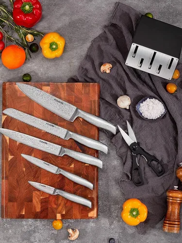 Miniatura 9 de FOHERE - Juego de cuchillos de cocina de 7 piezas con 5 afiladores integrados, juego de cuchillos de textura ondulada con bloque, juego de bloques