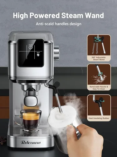 Miniatura 6 de Máquina de Espresso RELEXNOW, cafetera de café profesional de 20 bares con espumador de leche y varilla de vapor, máquina de café caliente y helado