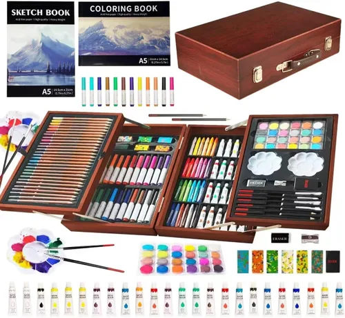 KINSPORY Juegos de arte, paquete de 139 suministros de arte de pintura y dibujo con 2 blocs de bocetos, manualidades de doble capa de lujo, lápices