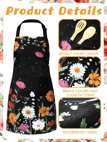 Miniatura 5 de Bencailor 6 delantales de cocina de verano con bolsillos, diseño de flores, gallo, abeja, mariposa, girasol, primavera, a granel para mujeres