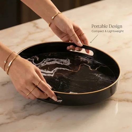 Miniatura 3 de Bandeja decorativa redonda, plástico mármol con asas, tocador moderno y para servir otomana, mesa auxiliar, cocina y baño, tamaño 13 pulgadas, negro