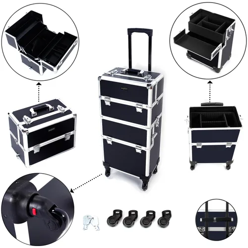 Miniatura 2 de mefeir Estuche de maquillaje 2 en 1, organizador de viaje de aluminio, maleta de exhibición de cosmetología sobre ruedas, equipaje de almacenamiento