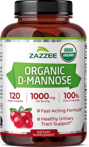 Zazzee D-manosa orgánica USDA, 1000 mg por porción, 120 cápsulas veganas, suministro de 2 meses, sin OMG, soporte para el tracto urinario y la