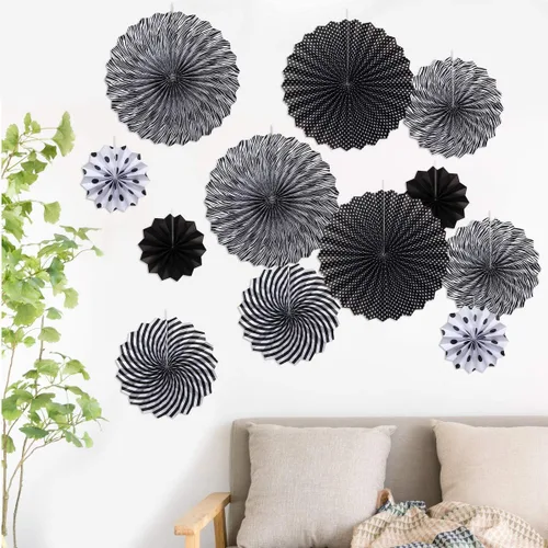 Miniatura 7 de ONUPGO Paper Fans - Juego de abanicos de papel para colgar en fiestas, color negro, 12 unidades, decoración de fiesta mexicana, pancarta colgante