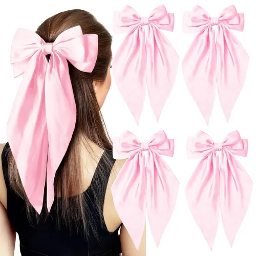 4 lazos para el cabello de color rosa claro para mujeres y niñas, lazo de satén sedoso, cintas para el cabello, cintas de cola larga de gran tamaño,