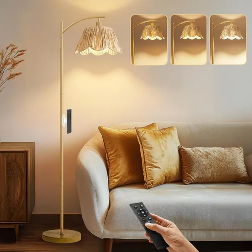 Miniatura 23 de Oneach Lámpara de pie arqueada para sala de estar, lámpara de pie de ratán boho con pantalla tejida a mano, interruptor a pedal, base y poste de Oro