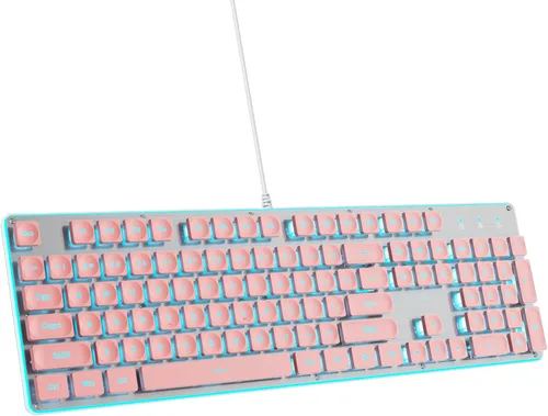 Teclado retro punk de 104 teclas, máquina de escribir de tamaño completo, teclado rosa con tapa cuadrada y retroiluminación LED azul, membrana Rosado