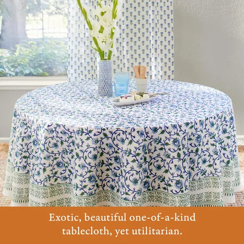 Miniatura 4 de Saffron Marigold Mantel redondo impreso a mano – Taj azul iluminado por la luna lujoso 100% algodón, lavable, para decoración del hogar, cocina, Taj