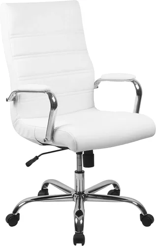 Flash Furniture Whitney - Silla de escritorio giratoria de LeatherSoft con respaldo alto y asiento acolchado y apoyabrazos, silla de oficina Blanco
