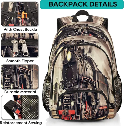 Miniatura 6 de TropicalLife Mochila escolar vintage de tren de vapor de 18 pulgadas, mochila escolar para adolescentes, niñas, niños, mochila escolar