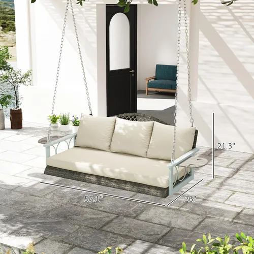 Miniatura 7 de Outsunny Silla columpio de mimbre para 3 personas, resistente, 800 libras con soporte para tazas, 57 pulgadas, ratán al aire libre, banco colgante