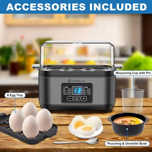Miniatura 5 de Tesslux Cocedor Eléctrico Rápido de Huevos, Capacidad para 6 Huevos para Huevos Duros, Huevos Escalfados, Huevos Revueltos, o Fabricante de Gris