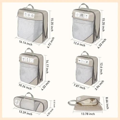 Miniatura 7 de Juego de 6 cubos de compresión de embalaje expandibles para maletas, accesorios de viaje (beige)