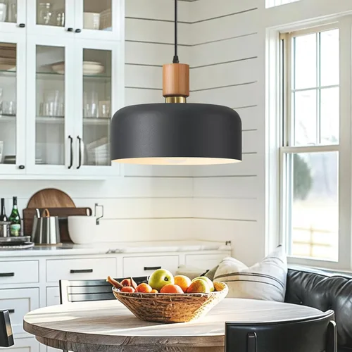 Miniatura 9 de Lámpara colgante moderna negra sobre isla de cocina, iluminación colgante industrial, lámpara colgante de techo de madera ajustable para comedor