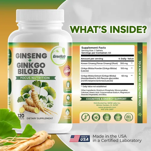 Miniatura 6 de GreeNatr - Tabletas de ginseng y ginkgo biloba - Súper alimento superior no transgénico/vegetariano – Potenciador de energía y activador cerebral