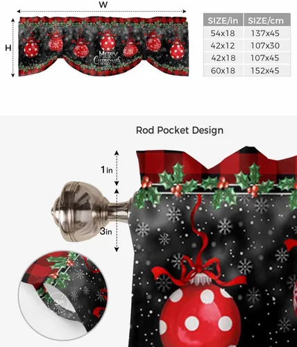 Miniatura 6 de Cenefa de cortina con lazo rojo de Navidad para ventanas, sala de estar, cocina, baño, granja, bolas de Navidad de acuarela con diseño de bayas