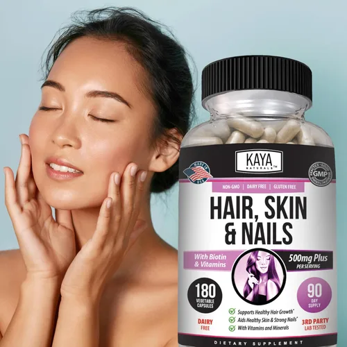Miniatura 9 de Kaya Naturals Cápsulas de uñas para el cabello y la piel BIOTINA Vitamina D Vitamina B-12 A Soporte de ácido fólico, suplemento vitamínico de apoyo