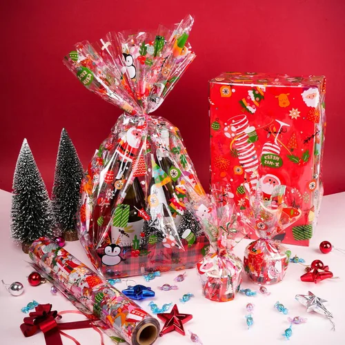 Miniatura 4 de Rollo de Envoltura de Celofán de Navidad de 100 Pies x 32 Pulgadas, Bolsas de Celofán de Navidad, Envoltura de Celofán de Navidad con Papá Noel