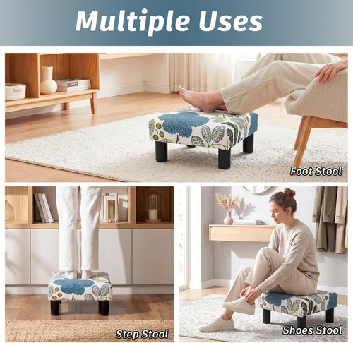 Miniatura 5 de Joveco Taburete pequeño otomano, reposapiés cuadrado tapizado de tela para sofá, debajo del escritorio, oficina, sala de estar, azul floral