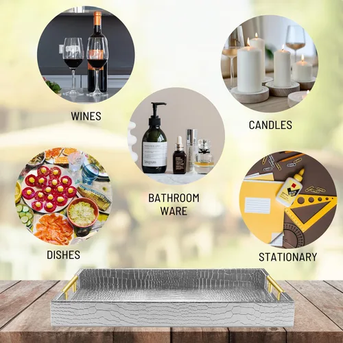 Miniatura 5 de ATZYmolin - Bandeja de servicio de madera de 17" x 12" con asas de metal dorado pulido, bandeja decorativa rectangular de madera para el hogar