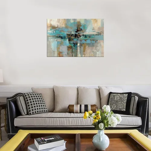 Miniatura 4 de DZL Art A74769 - Impresiones en lienzo abstractas para pared, pinturas artísticas azules y marrones, lienzo estirado de madera, enmarcado para sala