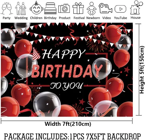 Miniatura 4 de CGXINS Fondo de fotografía de cumpleaños blanco rojo y negro de 7 x 5 pies, globo de confeti para decoración de fiesta de cumpleaños, aniversario