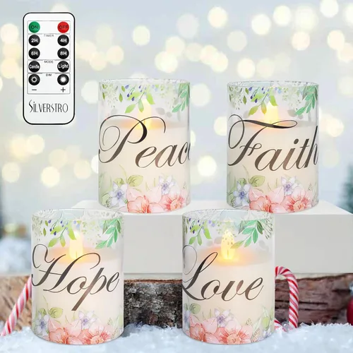 Miniatura 7 de Velas sin llama de Navidad de cristal con llama parpadeante, velas de cera real florales LED con control remoto - Juego de 4 para decoración