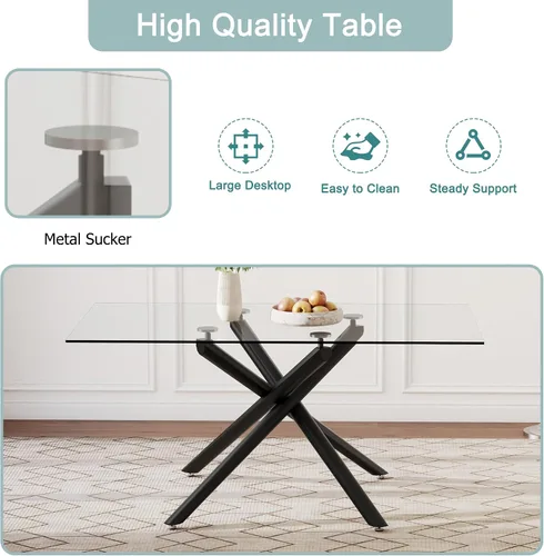 Miniatura 7 de Mesa de comedor rectangular de cristal minimalista grande y moderna para 6 y 8 pulgadas con mesa de vidrio templado de 0.39 pulgadas y patas