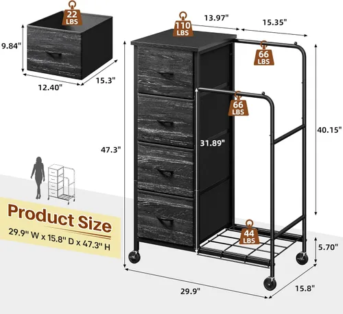 Miniatura 2 de Romorgniz Cómoda 3 en 1 con estante para colgar, 4 cajones de tela con doble perchero y ruedas, organizador alto de armario para dormitorio, Negro
