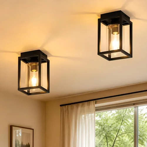Mayful Lámpara de techo de montaje empotrado con pantalla de cristal transparente, lámpara de techo de marco de metal negro para granja para isla de