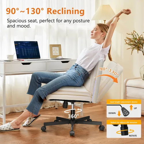 Miniatura 5 de COMHOMA Silla cruzada con ruedas, silla de oficina con patas cruzadas sin brazos, silla de escritorio ancha para oficina en casa, silla giratoria
