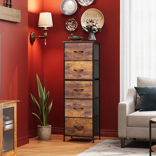 Miniatura 4 de WLIVE Cómoda de tela para dormitorio, cómoda alta de 5 cajones, organizador de almacenamiento con cubos de tela, parte superior de madera, marco