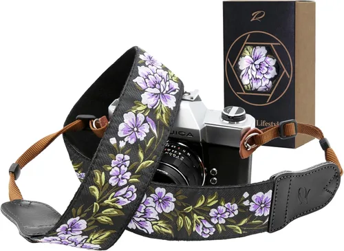 Miniatura 19 de Padwa Lifestyle Correa para cámara de flores marrones, correa de algodón de doble capa de piel de vaca de 2 pulgadas de ancho, bordado jacquard Flor