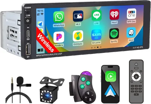 Estéreo inalámbrico de un solo DIN para automóvil con Apple Carplay, pantalla táctil IPS Radio de coche con Bluetooth, cámara de respaldo, radio de