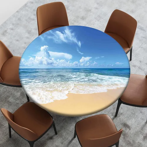 Miniatura 51 de Mantel con patrón de playa, borde elástico, impermeable, lavable, para uso en interiores y exteriores, patio, turquesa aguamarina, para mesas